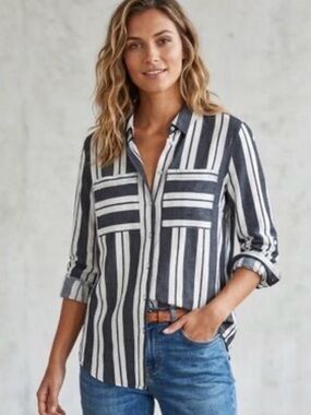 next Navy & White Vertical Stripe Button-Front Shirt